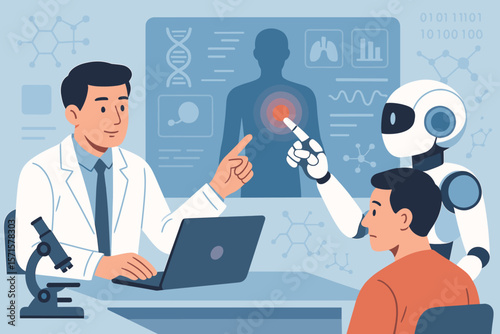AI in healthcare concept. Doctor and robot use innovative medical technology for patient diagnosis. Futuristic digital health, laboratory research and medical consultation.
