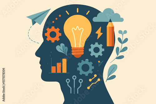 Human head silhouette with light bulb, gears, paper plane, pencil, cloud, and data icons symbolizing innovation, creativity, technology, brainstorming, and modern idea development