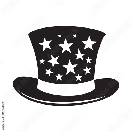 American flag magic top hat silhouette, Flat and Minimal hat icon vector illustration on white background, Black Uncle Sam Hat Silhouette Illustration
