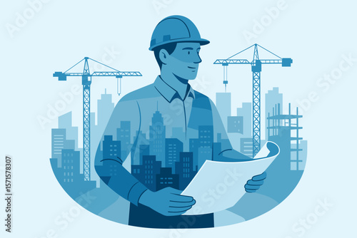 Construction engineer holding blueprint at urban building site, city skyline, cranes, architecture planning, project management, double exposure, modern flat vector illustration