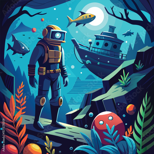 Undersea Adventure Scuba Diver Exploring Sunken Shipwreck