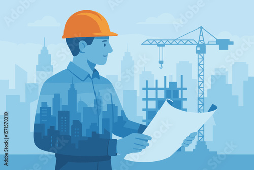 Double exposure construction engineer holding blueprint, modern cityscape, urban development, building site, crane, architectural planning, engineering concept, flat vector illustration