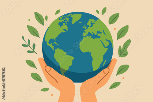 Earth Day concept illustration. Human hands gently holding blue green planet Earth. Environmental protection, save earth, sustainability, ecology, nature care, green leaves.