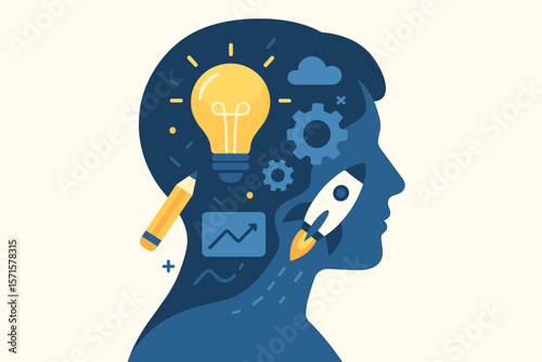 Double exposure head silhouette with lightbulb, rocket, pencil, gears, and chart. Innovation, creativity, technology, new ideas, startup, business growth, modern vector illustration