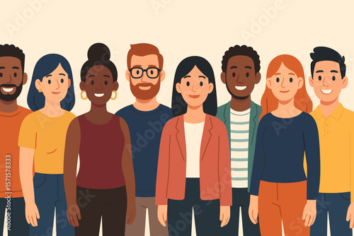 Diverse group of people standing together, multicultural community, unity and teamwork, inclusion and diversity, modern flat vector illustration, social connection, group portrait