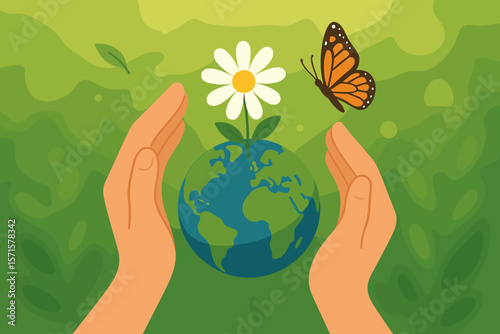 Earth Day environmental protection concept with hands shielding blue planet, white daisy flower, monarch butterfly, green background. Save clean Earth, nature conservation, eco care