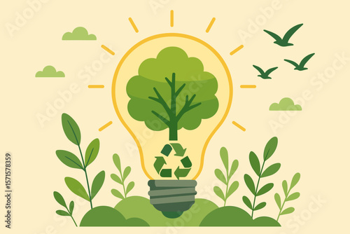 Eco Friendly Light Bulb with Green Tree and Recycle Symbol, Birds Flying, Renewable Energy, Sustainable Development, Environmental Protection, Earth Day, Clean Energy Concept