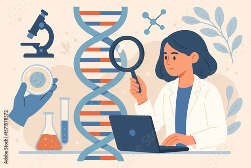 Genetic research laboratory concept. Female scientist analyzing DNA double helix, biotechnology, genome sequencing, molecular biology, microscope, petri dish, test tubes, laptop