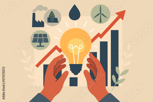 Energy crisis concept, hands holding glowing light bulb, alternative energy icons, rising data chart, electricity shortage, economic impact, sustainability, renewable resources