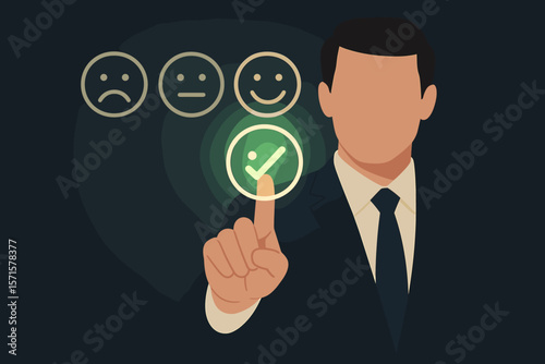 Businessman rating customer service, touching smile emoticon face, perfect feedback, satisfaction, quality check. Service mindset, excellence, approval.