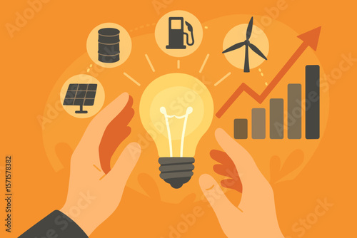 Energy Crisis Concept, Hands Holding Light Bulb Surrounded by Oil, Gas, Solar, Wind Icons and Rising Bar Chart, Electricity Shortage, Alternative Energy, Economy, Sustainability