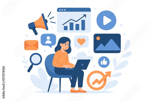 Digital marketing manager working on laptop with social media icons, analytics, email, video, magnifying glass, communication, online promotion, content strategy, business growth