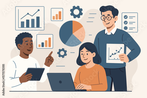 Teamwork analyzing logistics and transportation network distribution, business data charts, cargo freight management, modern digital interface, industrial supply chain