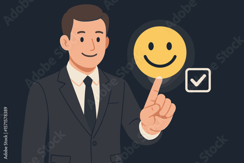 Businessman Touching Smiley Face Emoticon with Check Mark Icon on Dark Background. Customer Satisfaction, Service Rating, Positive Feedback, Quality Assurance, Service Mindset Concept