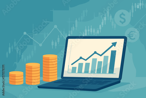 Financial growth investment concept with stacked coins, rising bar chart, laptop screen, stock market analytics, currency exchange, digital banking, modern flat vector illustration
