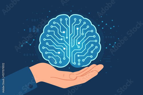 Artificial Intelligence Brain in Hand, Digital Neural Network, Machine Learning, Data Algorithms, Cybernetic Intelligence, AI Technology for Business, Science, Innovation
