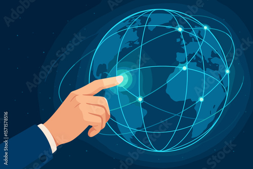 Human hand touching a glowing global network structure, symbolizing fast internet, AI, digital data transfer, communication, and information technology.