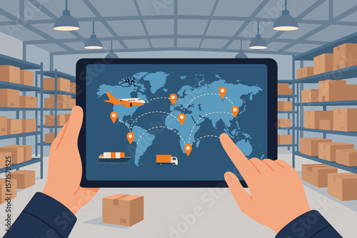 Digital tablet logistics management system in warehouse. Global supply chain tracking, smart shipping, import export, transportation, inventory, delivery, distribution technology