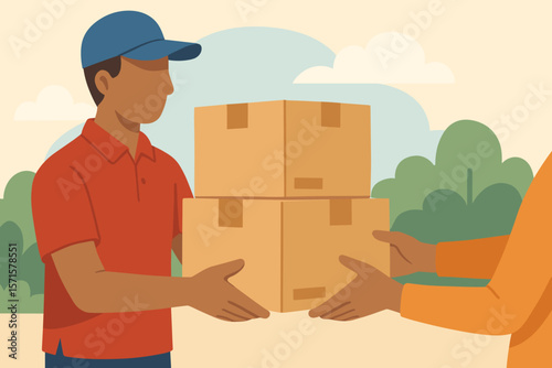 Courier delivering cardboard boxes to customer outdoors. Parcel handover, delivery service, shipping logistics, express package, receiving order. Modern flat vector illustration.