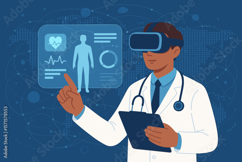 Futuristic healthcare technology concept. Doctor using VR headset, virtual reality, digital medical interface, patient diagnosis, innovation in telemedicine, health data visualization
