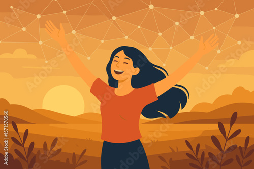 Joyful woman embracing freedom in nature at sunset, arms raised, digital network connections, modern flat vector, self empowerment, personal growth, outdoor landscape