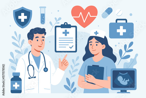 Modern healthcare and medical team concept illustration. Doctor and nurse with stethoscope, clipboard, first aid kit, heart, ultrasound, medicine, shield, test tube, medical icons