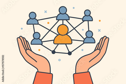 Customer network connection support, omni channel communication, hands holding social network, teamwork, people management, modern flat vector illustration concept