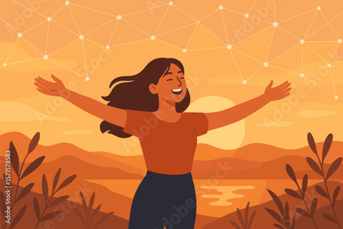 Joyful woman embracing freedom outdoors at sunset, arms wide open, abstract network connections in sky, modern flat vector illustration, nature landscape, empowerment concept