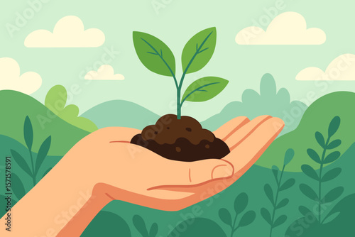 Hand Holding Young Green Plant with Soil, Environmental Conservation, Growth, Nature Protection, Sustainability, Eco Friendly, Reforestation, Flat Cartoon Vector Illustration