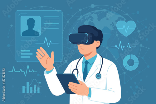 Futuristic healthcare technology concept. Doctor using VR headset for virtual diagnosis, patient data analysis, digital medical records, innovation in telemedicine, science, health tech