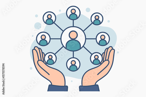Customer network support concept. Hands holding social network, people connection, team management, client care, community, communication, relationship, omni channel vector illustration
