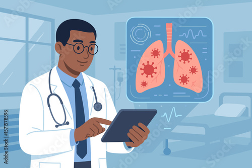 Doctor using digital tablet to diagnose human lungs infected with coronavirus, modern hospital, COVID-19 pandemic, virtual medical interface, healthcare technology concept