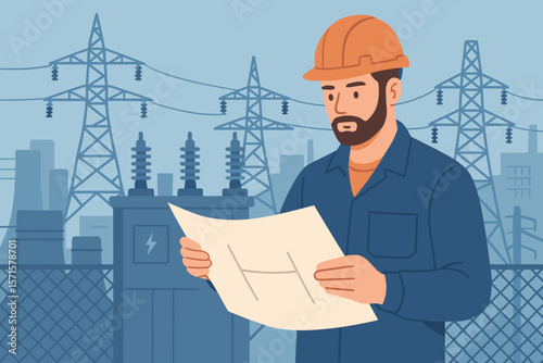 Electrical engineer in hard hat inspecting blueprints at power plant substation. Industrial maintenance, energy infrastructure, electricity transmission, utility project analysis