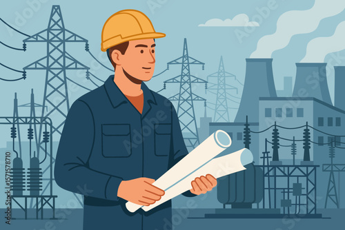 Electrical engineer in hard hat holding blueprints at power plant substation. Industrial worker inspecting, maintaining, and analyzing energy infrastructure and electrical grid project.