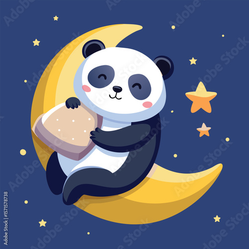 Adorable Panda Cuddling Moon Peaceful Nighttime Illustration