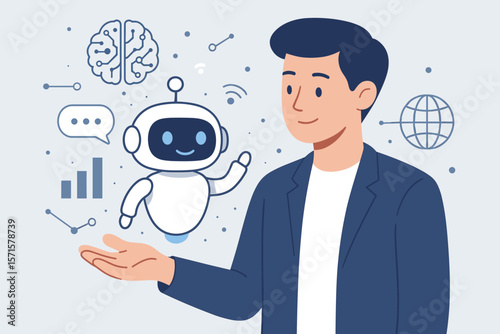 Businessman interacting with friendly AI chatbot robot, artificial intelligence technology, smart data analysis, digital assistant, global communication, innovation concept
