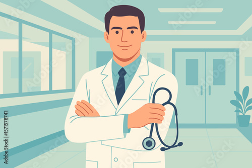 Confident male doctor in white coat with stethoscope standing in modern hospital corridor. Medical professional, healthcare worker, physician, clinic staff. Flat vector illustration.