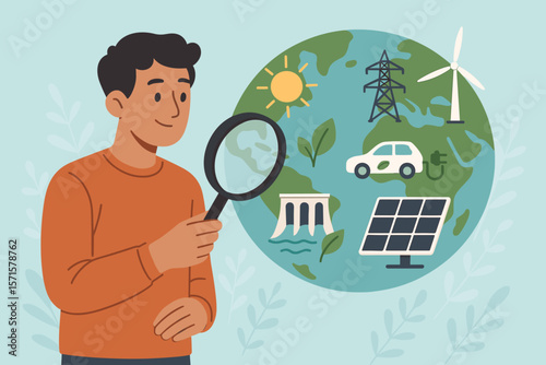 Man with magnifying glass analyzing global energy consumption, renewable resources, sustainable energy sources, solar, wind, hydroelectric, electric car, ecology concept vector