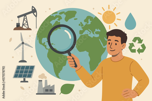 Man with Magnifying Glass Analyzing Global Energy Consumption, Renewable and Nonrenewable Sources, Sustainability, Ecology, Solar, Wind, Oil, Recycling, Environment Concept
