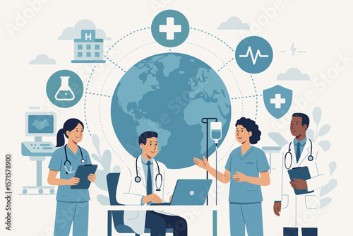 Global healthcare teamwork concept, doctors and nurses collaborating in modern hospital, digital medical hub, health insurance, medical technology, worldwide health services