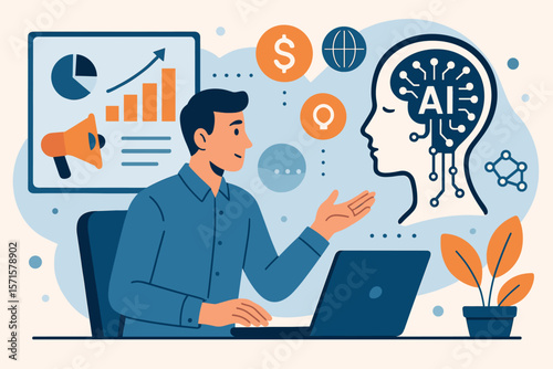 Artificial Intelligence Marketing, Data Analytics, Deep Learning. Modern Flat Vector Cartoon Illustration for AI Technology and Business Strategy