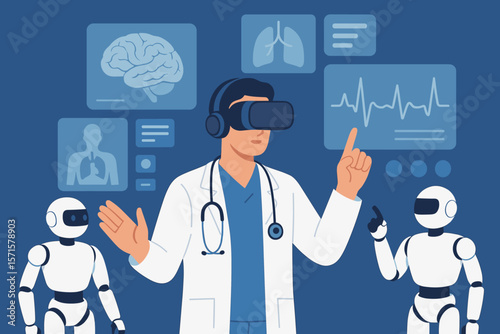 Futuristic medical technology concept. Doctor with stethoscope using virtual reality headset and robots to analyze patient data, research, diagnostics, digital health interface, innovation