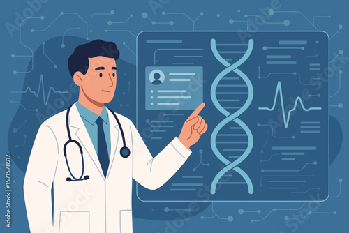 Doctor analyzing electronic medical record interface with DNA helix, digital healthcare innovation, medical technology, genetics, network connection, futuristic medicine concept
