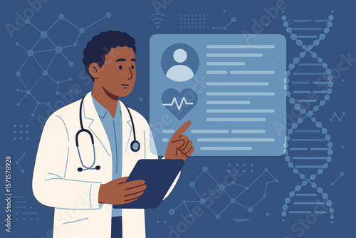 Doctor analyzing electronic medical record on digital interface with DNA strand, futuristic healthcare technology, medical data network, innovation in digital medicine concept