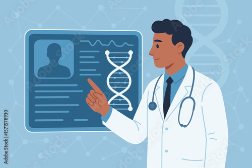 Doctor analyzing electronic medical record interface with DNA strand, digital healthcare technology, genetic data analysis, innovation in medical network connection, health informatics