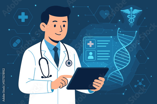 Digital healthcare concept doctor with stethoscope using tablet, electronic medical records, DNA helix, virtual interface, medical technology, health data network, innovation