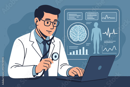 Medical doctor analyzing brain scan results using laptop and stethoscope, modern digital health technology, patient diagnosis, neuroscience research, virtual interface, healthcare data