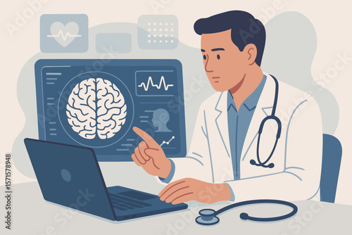 Neurologist analyzing brain scan results on digital screen, medical doctor using laptop and stethoscope, futuristic healthcare technology, patient diagnosis, neuroscience research