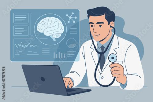 Medical doctor analyzing brain scan results, digital diagnosis, neurology research, stethoscope, virtual interface, laptop, healthcare technology, patient data analysis