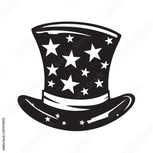 American flag magic top hat silhouette, Flat and Minimal hat icon vector illustration on white background, Black Uncle Sam Hat Silhouette Illustration